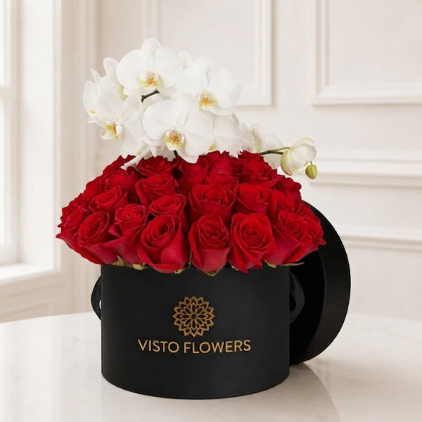 Caja Rosas Roja y Orquídeas