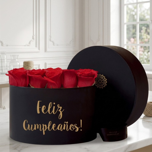 Caja de Rosas Redonda Negra - Feliz Cumpleaños!