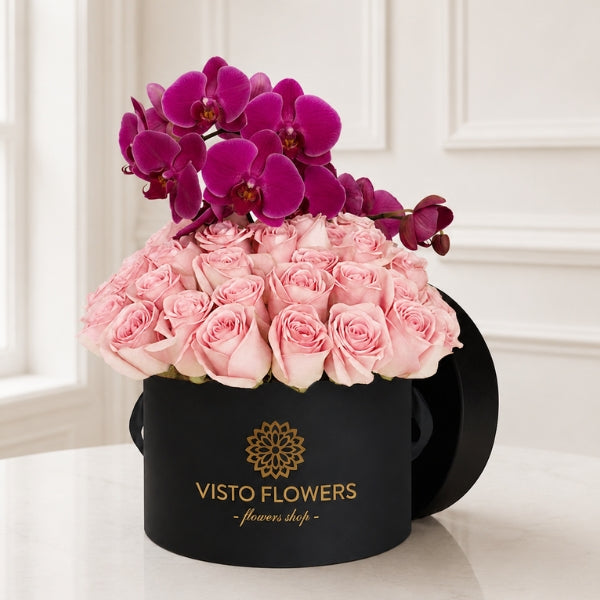 Caja Rosas Rosa y Orquídeas