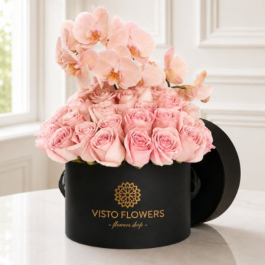 Caja Rosas Rosa y Orquídea Pálida