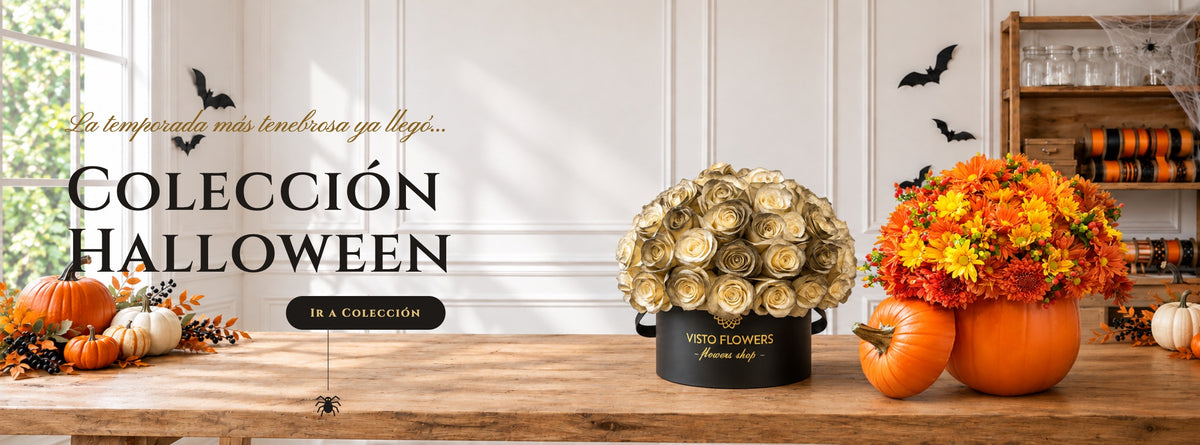 Colección Halloween de Visto Flowers: caja de rosas doradas y arreglo de flores naranjas en calabaza