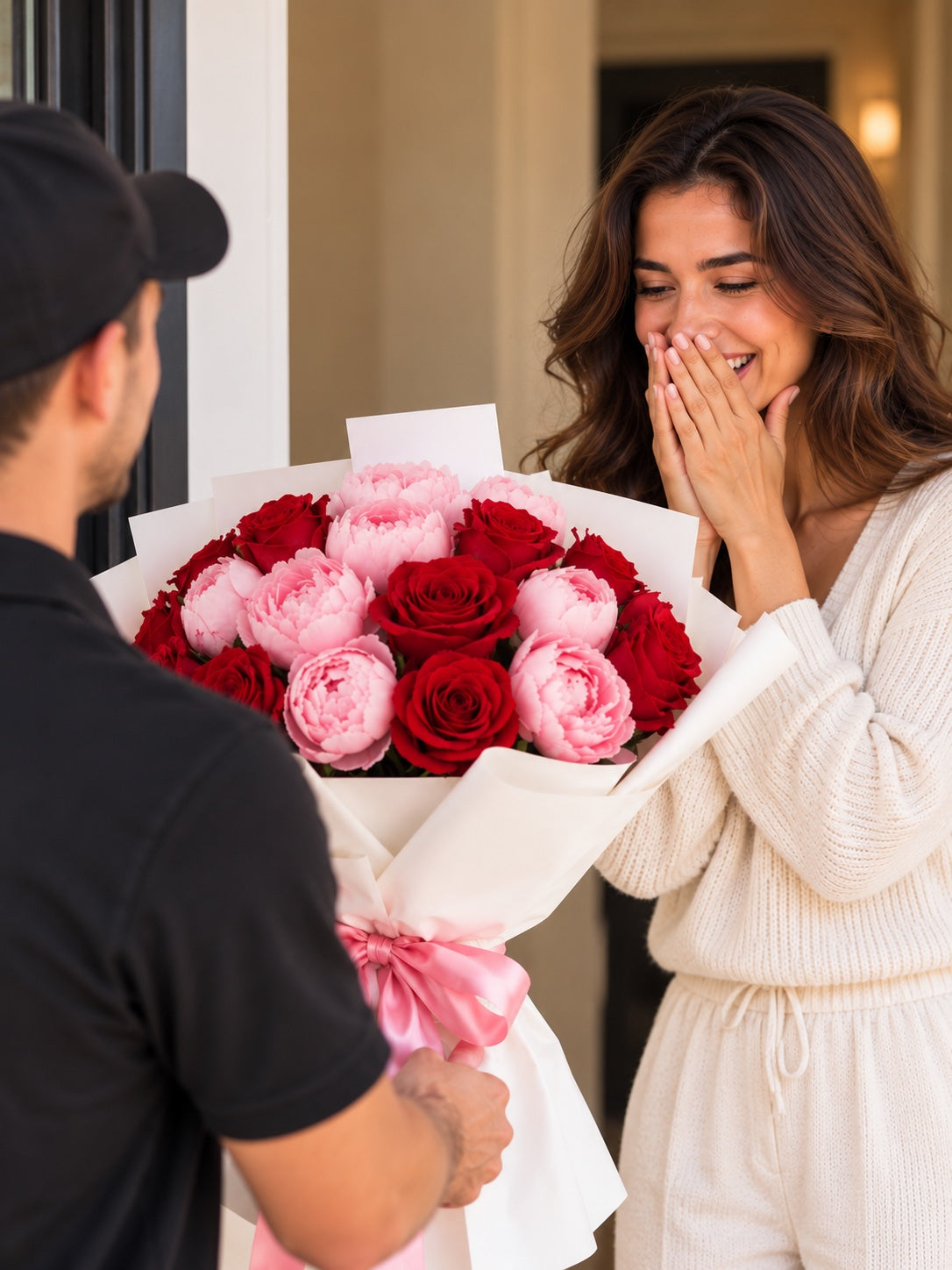 Cliente recibiendo un arreglo VistoFlowers