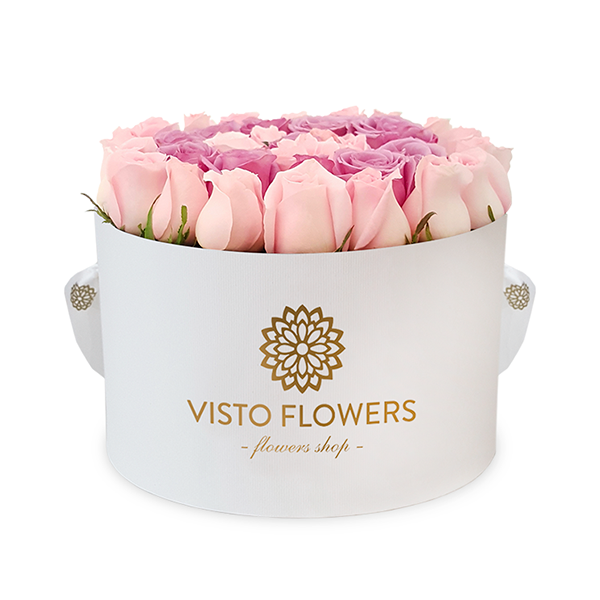 Caja de Rosas Rosa y Lila Redonda Blanca