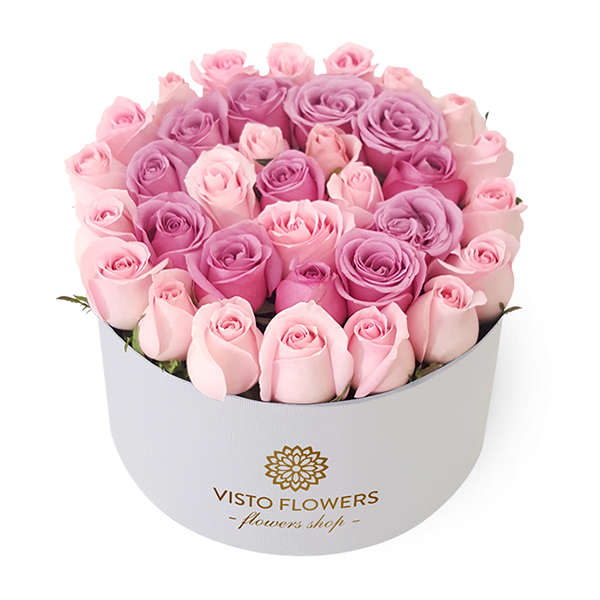 Caja de Rosas Rosa y Lila Redonda Blanca