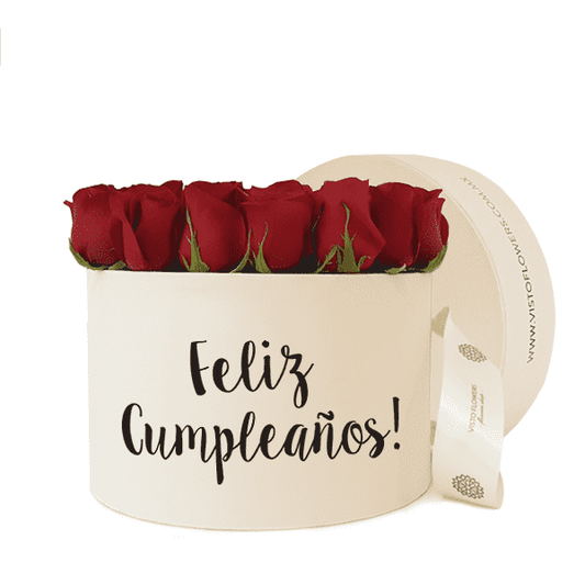 Caja de Rosas Rojas Redonda Crema - Feliz Cumpleaños!