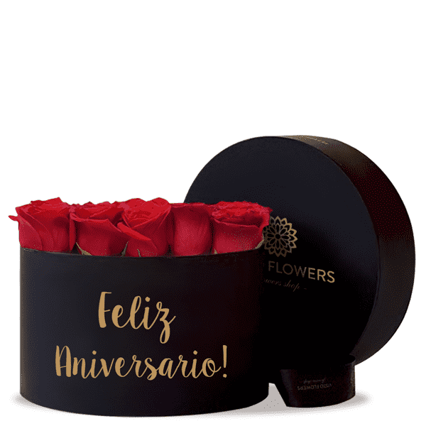 Caja Redonda Negra de Rosas - Feliz Aniversario!