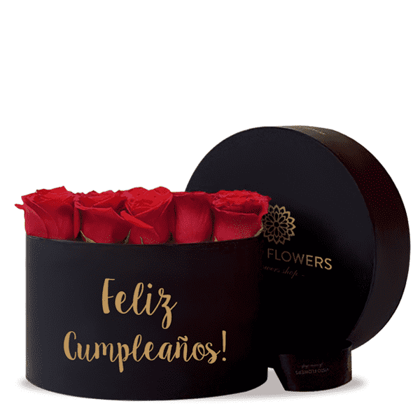 Caja de Rosas Redonda Negra - Feliz Cumpleaños!