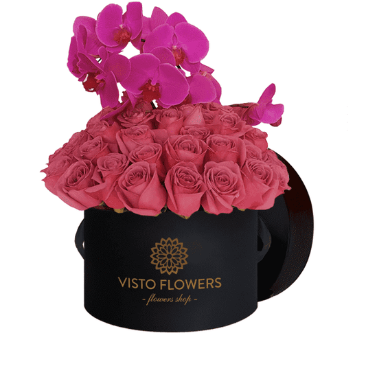 Caja de Orquídeas y Rosas Rosa NR
